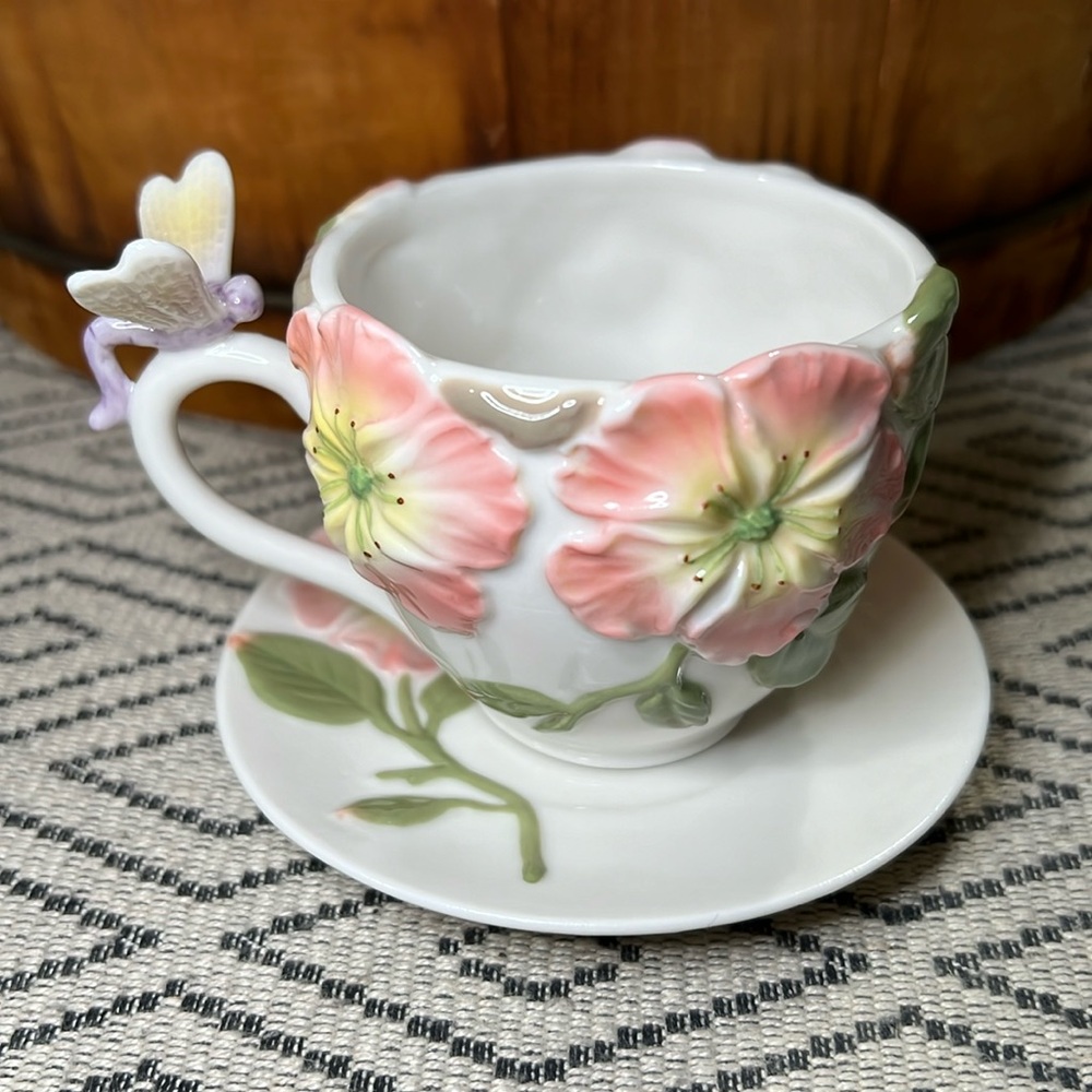 Dragonfly floral teacup and saucer set cup and saucer